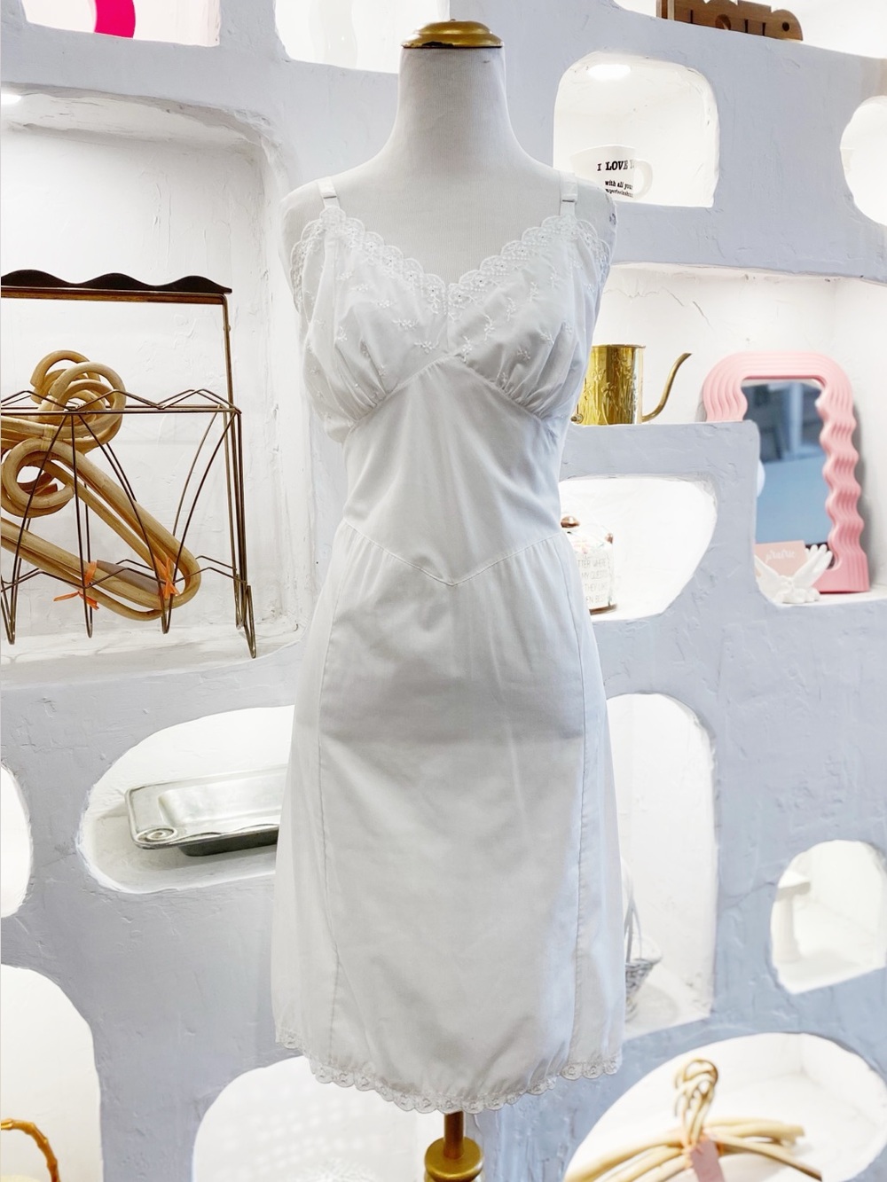 Vintage White Cotton Look Eyelet Lingerie Slip Dress with Embroidered Flowers